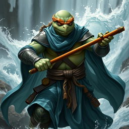 An adult tortle race character depicted in a serious battle stance, showcasing his mastery of water magic