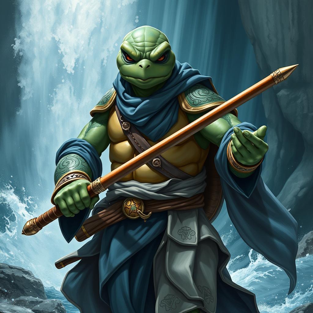 An adult tortle race character depicted in a serious battle stance, showcasing his mastery of water magic