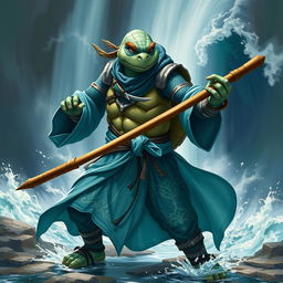 An adult tortle race character depicted in a serious battle stance, showcasing his mastery of water magic