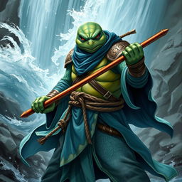 An adult tortle race character depicted in a serious battle stance, showcasing his mastery of water magic