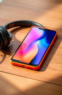 A close-up image of an elegant, modern orange smartphone resting on a wooden surface, showcasing its sleek design and vibrant color