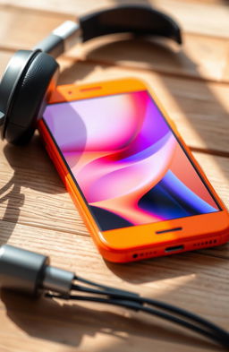 A close-up image of an elegant, modern orange smartphone resting on a wooden surface, showcasing its sleek design and vibrant color