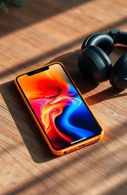 A close-up image of an elegant, modern orange smartphone resting on a wooden surface, showcasing its sleek design and vibrant color