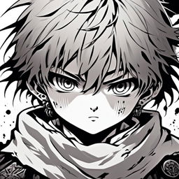 Highly detailed, intense monochrome anime profile picture of a battle-hardened warrior boy with piercing eyes, dressed in worn-out traditional attire, set against a gritty background. Enclosed by a thick, rough white paint stroke circle border.