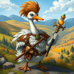 A whimsical depiction of a goose Dungeons & Dragons character, portrayed as a brave avian warrior