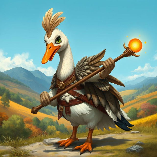 A whimsical depiction of a goose Dungeons & Dragons character, portrayed as a brave avian warrior