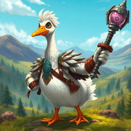 A whimsical depiction of a goose Dungeons & Dragons character, portrayed as a brave avian warrior