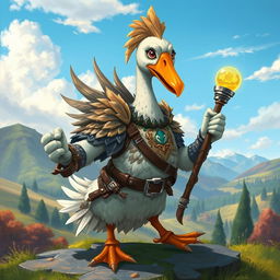 A whimsical depiction of a goose Dungeons & Dragons character, portrayed as a brave avian warrior