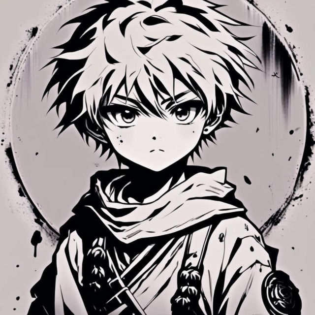 Highly detailed, intense monochrome anime profile picture of a battle-hardened warrior boy with piercing eyes, dressed in worn-out traditional attire, set against a gritty background. Enclosed by a thick, rough white paint stroke circle border.