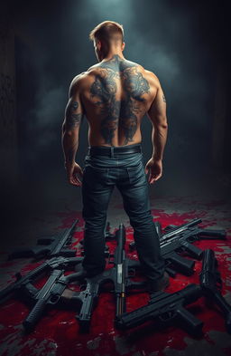 A powerful and intense scene featuring a muscular man with intricate tattoos covering his back, standing confidently in a dark, dramatic environment