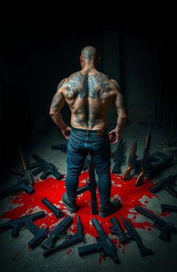 A powerful and intense scene featuring a muscular man with intricate tattoos covering his back, standing confidently in a dark, dramatic environment