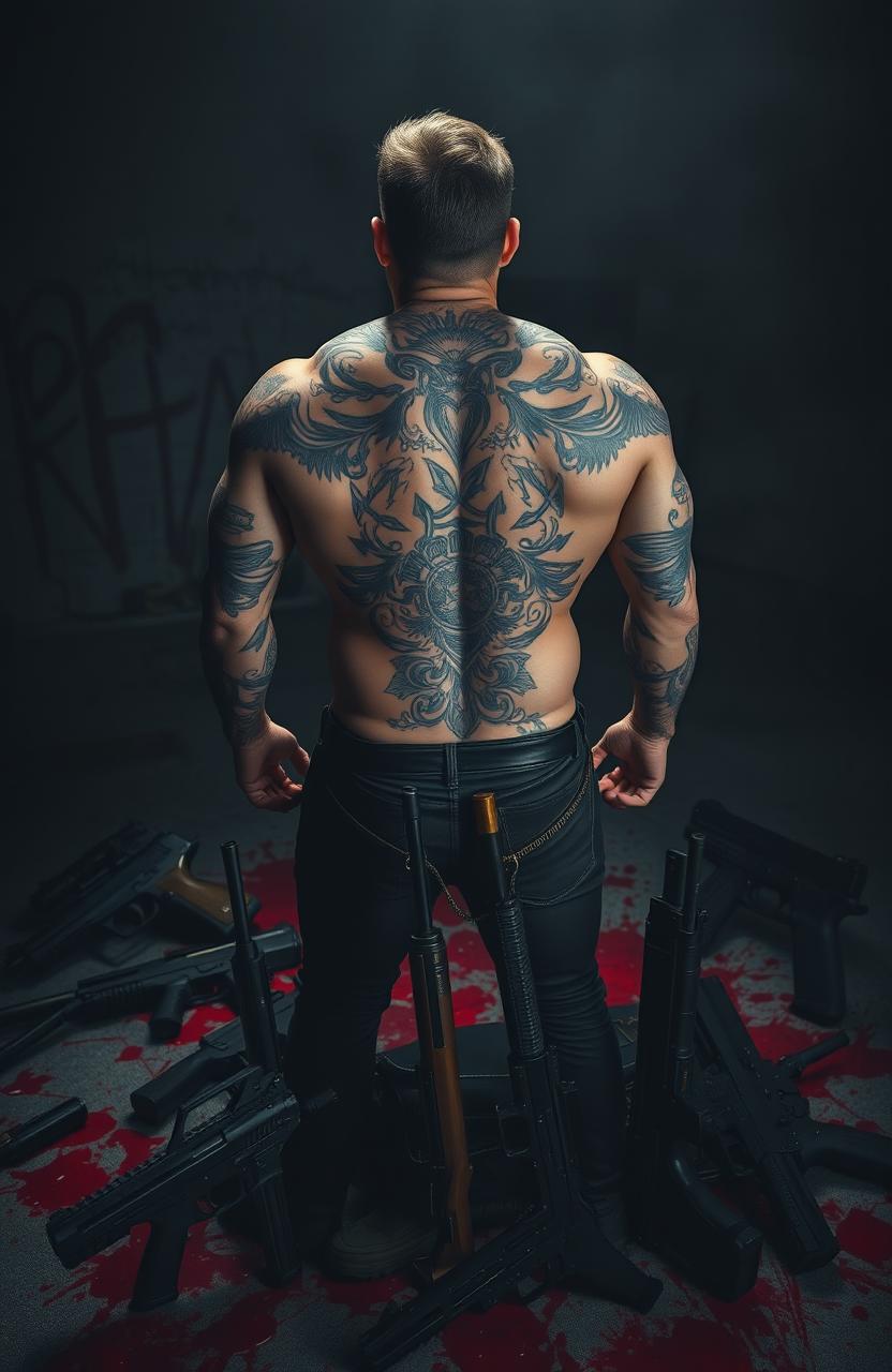 A powerful and intense scene featuring a muscular man with intricate tattoos covering his back, standing confidently in a dark, dramatic environment