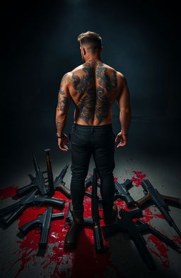 A powerful and intense scene featuring a muscular man with intricate tattoos covering his back, standing confidently in a dark, dramatic environment