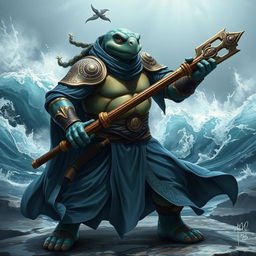 An adult tortle race character depicted in a serious battle stance, skilled in water magic