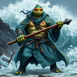 An adult tortle race character depicted in a serious battle stance, skilled in water magic