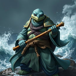 An adult tortle race character depicted in a serious battle stance, skilled in water magic