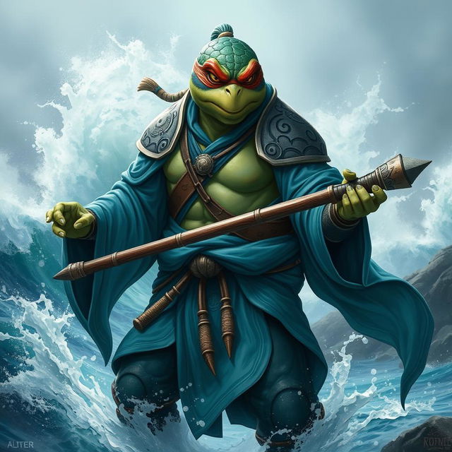 An adult tortle race character depicted in a serious battle stance, skilled in water magic