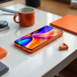 A close-up image of a vibrant orange mobile phone displayed on a sleek desk