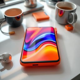 A close-up image of a vibrant orange mobile phone displayed on a sleek desk