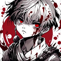 Intensely detailed, graphic monochrome anime profile picture of a battle-hardened warrior boy with piercing eyes and red blood spots on his face, dressed in worn-out traditional attire, set against a gritty background. Enclosed by a thick, rough white paint stroke circle border.