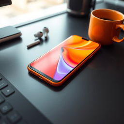 A close-up image of a vibrant orange mobile phone displayed on a sleek desk