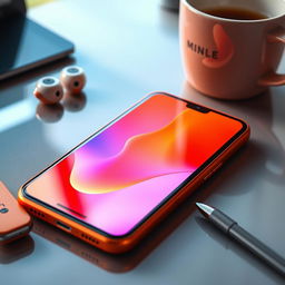 A close-up image of a vibrant orange mobile phone displayed on a sleek desk