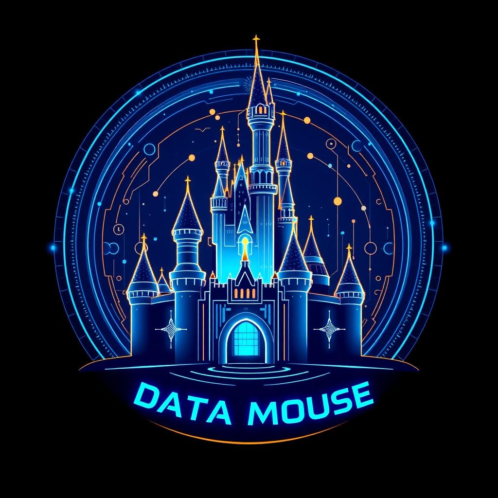 A futuristic and enchanting logo for "Data Mouse", an Instagram account dedicated to metrics, anniversaries, and statistics for all Disney Parks around the world