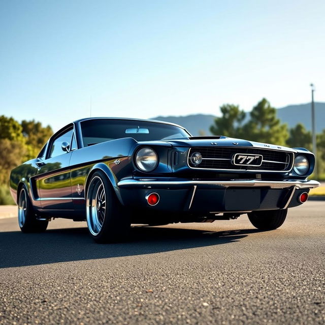 A beautifully designed 1965 Ford Mustang Fastback Restomod with the front end of an Equus Bass 770, showcasing a stunning blend of classic and modern styling