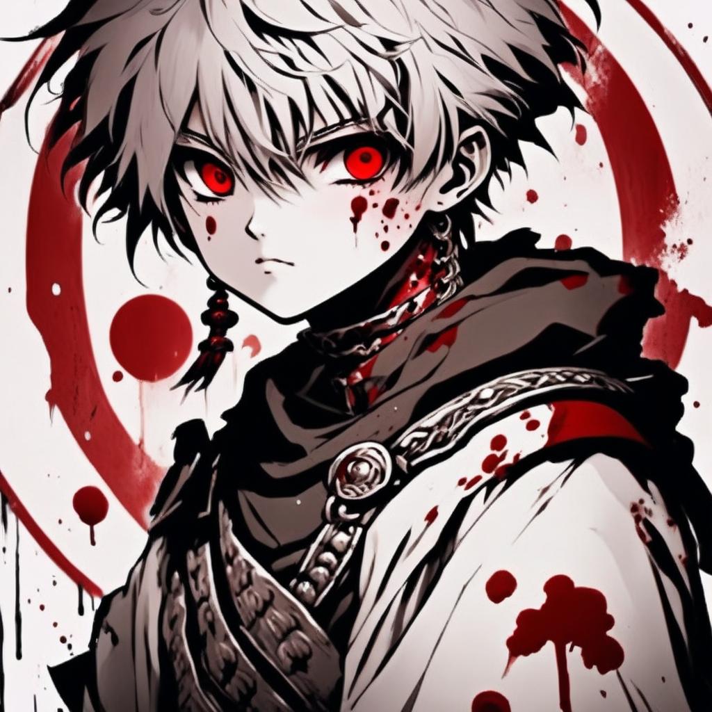 Intensely detailed, graphic monochrome anime profile picture of a battle-hardened warrior boy with piercing eyes and red blood spots on his face, dressed in worn-out traditional attire, set against a gritty background. Enclosed by a thick, rough white paint stroke circle border.