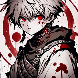 Intensely detailed, graphic monochrome anime profile picture of a battle-hardened warrior boy with piercing eyes and red blood spots on his face, dressed in worn-out traditional attire, set against a gritty background. Enclosed by a thick, rough white paint stroke circle border.