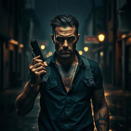 An intriguing scene of a rugged man standing in a dark, gritty town, his face marked by scars and tattoos that tell a story of resilience