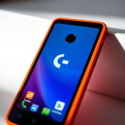 A detailed close-up of an orange mobile phone featuring the Logitech logo, showcasing its vibrant color and sleek design