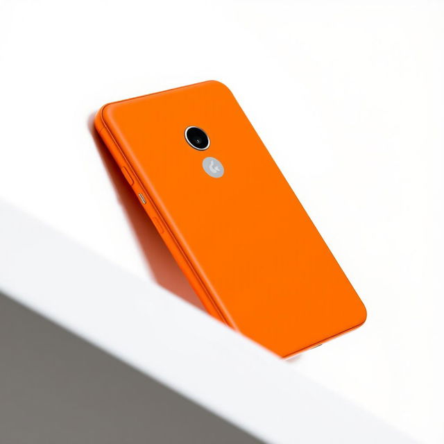 A detailed close-up of an orange mobile phone featuring the Logitech logo, showcasing its vibrant color and sleek design