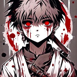 Intensely detailed, graphic monochrome anime profile picture of a battle-hardened warrior boy with piercing eyes and red blood spots on his face, dressed in worn-out traditional attire, set against a gritty background. Enclosed by a thick, rough white paint stroke circle border.