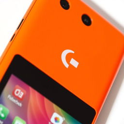 A detailed close-up of an orange mobile phone featuring the Logitech logo, showcasing its vibrant color and sleek design