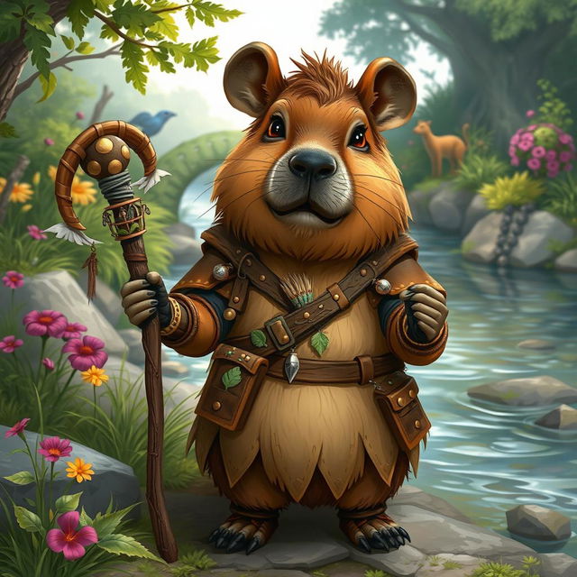 A charming portrayal of a capybara Dungeons & Dragons character, designed as a gentle yet brave adventurer