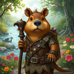 A charming portrayal of a capybara Dungeons & Dragons character, designed as a gentle yet brave adventurer