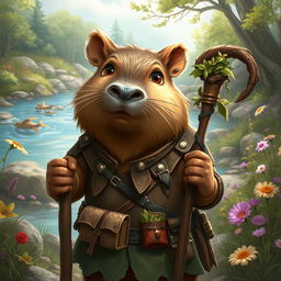 A charming portrayal of a capybara Dungeons & Dragons character, designed as a gentle yet brave adventurer