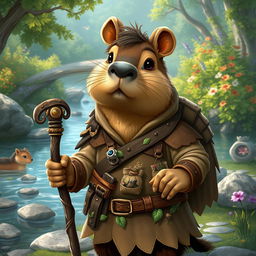 A charming portrayal of a capybara Dungeons & Dragons character, designed as a gentle yet brave adventurer