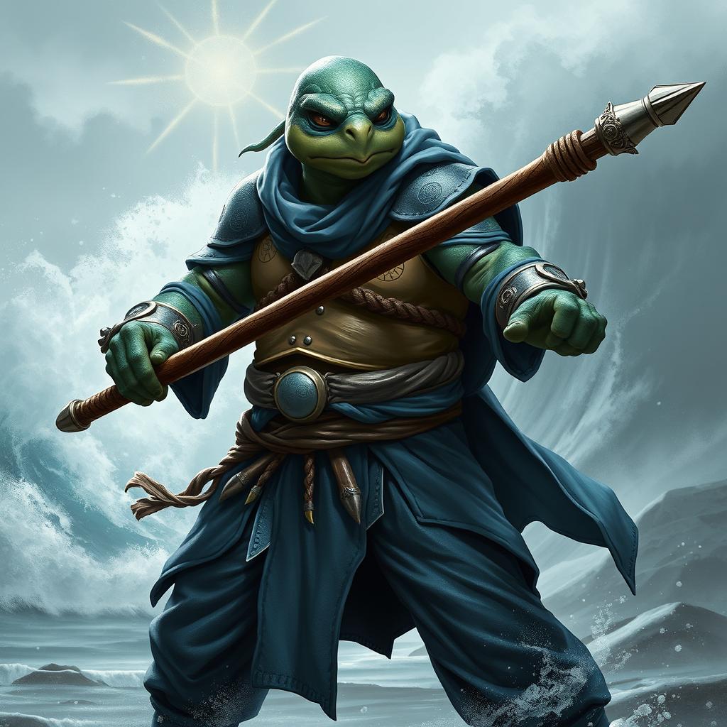 An adult tortle race character portrayed in a serious battle stance, adept in water magic