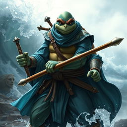 An adult tortle race character portrayed in a serious battle stance, adept in water magic