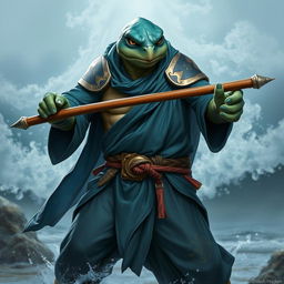 An adult tortle race character portrayed in a serious battle stance, adept in water magic