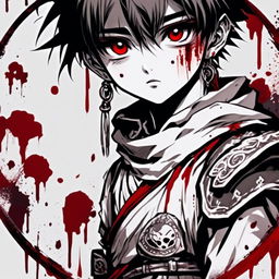 Intensely detailed, graphic monochrome anime profile picture of a battle-hardened warrior boy with piercing eyes and red blood spots on his face, dressed in worn-out traditional attire, set against a gritty background. Enclosed by a thick, rough white paint stroke circle border.