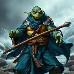 An adult tortle race character portrayed in a serious battle stance, adept in water magic