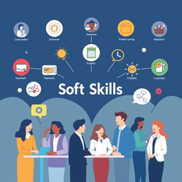 A visually engaging representation of 'Soft Skills', showcasing a variety of essential interpersonal abilities such as communication, teamwork, problem-solving, empathy, and adaptability