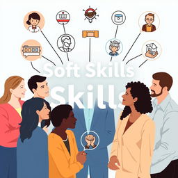 A visually engaging representation of 'Soft Skills', showcasing a variety of essential interpersonal abilities such as communication, teamwork, problem-solving, empathy, and adaptability