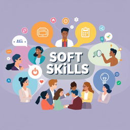 A visually engaging representation of 'Soft Skills', showcasing a variety of essential interpersonal abilities such as communication, teamwork, problem-solving, empathy, and adaptability