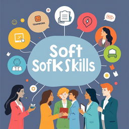 A visually engaging representation of 'Soft Skills', showcasing a variety of essential interpersonal abilities such as communication, teamwork, problem-solving, empathy, and adaptability