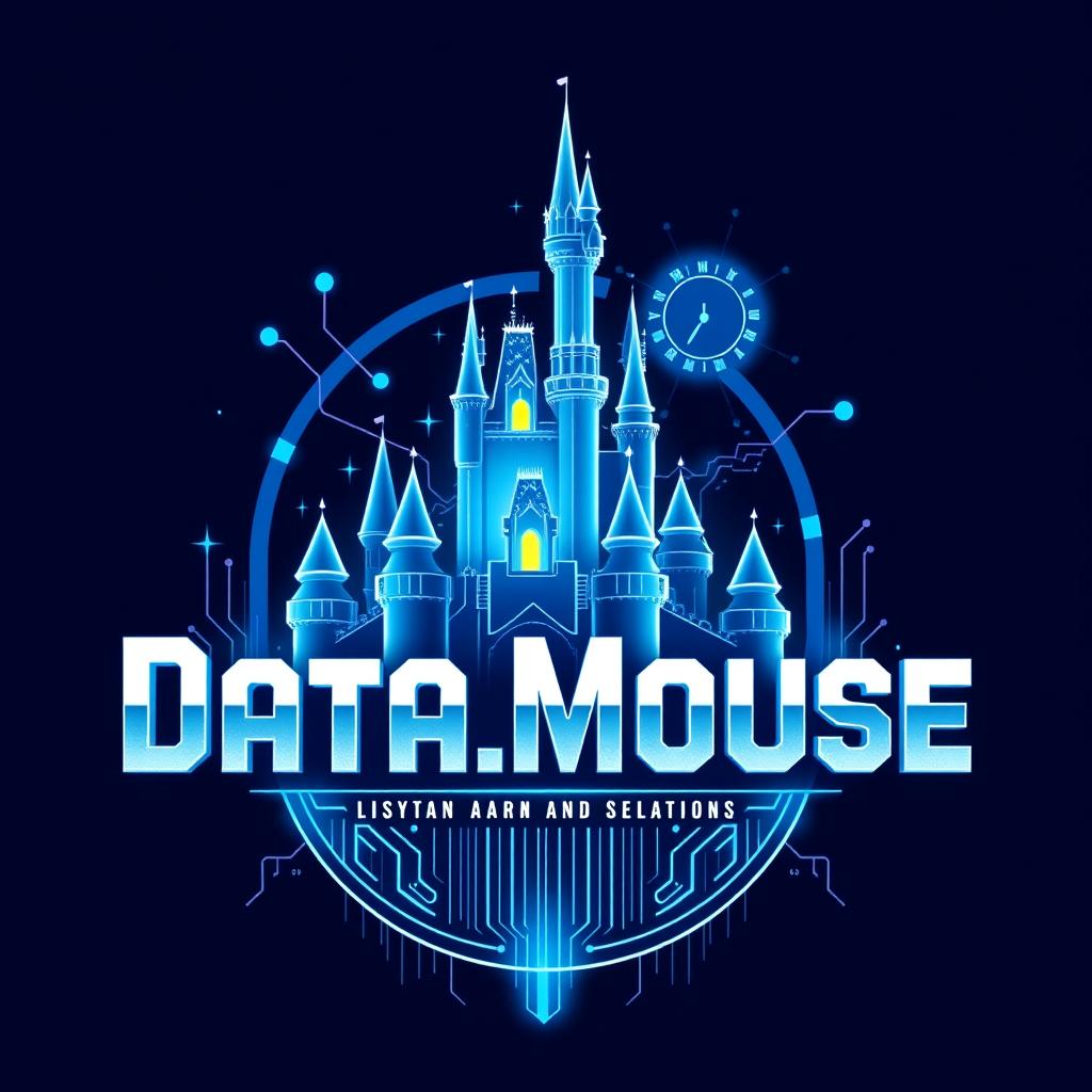 A futuristic and captivating logo for "Data_Mouse", an Instagram account dedicated to metrics, anniversaries, and statistics for all Disney Parks around the world