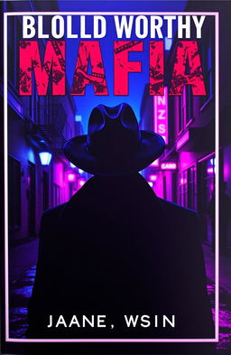 An enigmatic and captivating cover for a bloodthirsty mafia-worthy book featuring a dark, menacing silhouette of a gangster in a fedora hat against a backdrop of a vivid neon-lit nighttime cityscape